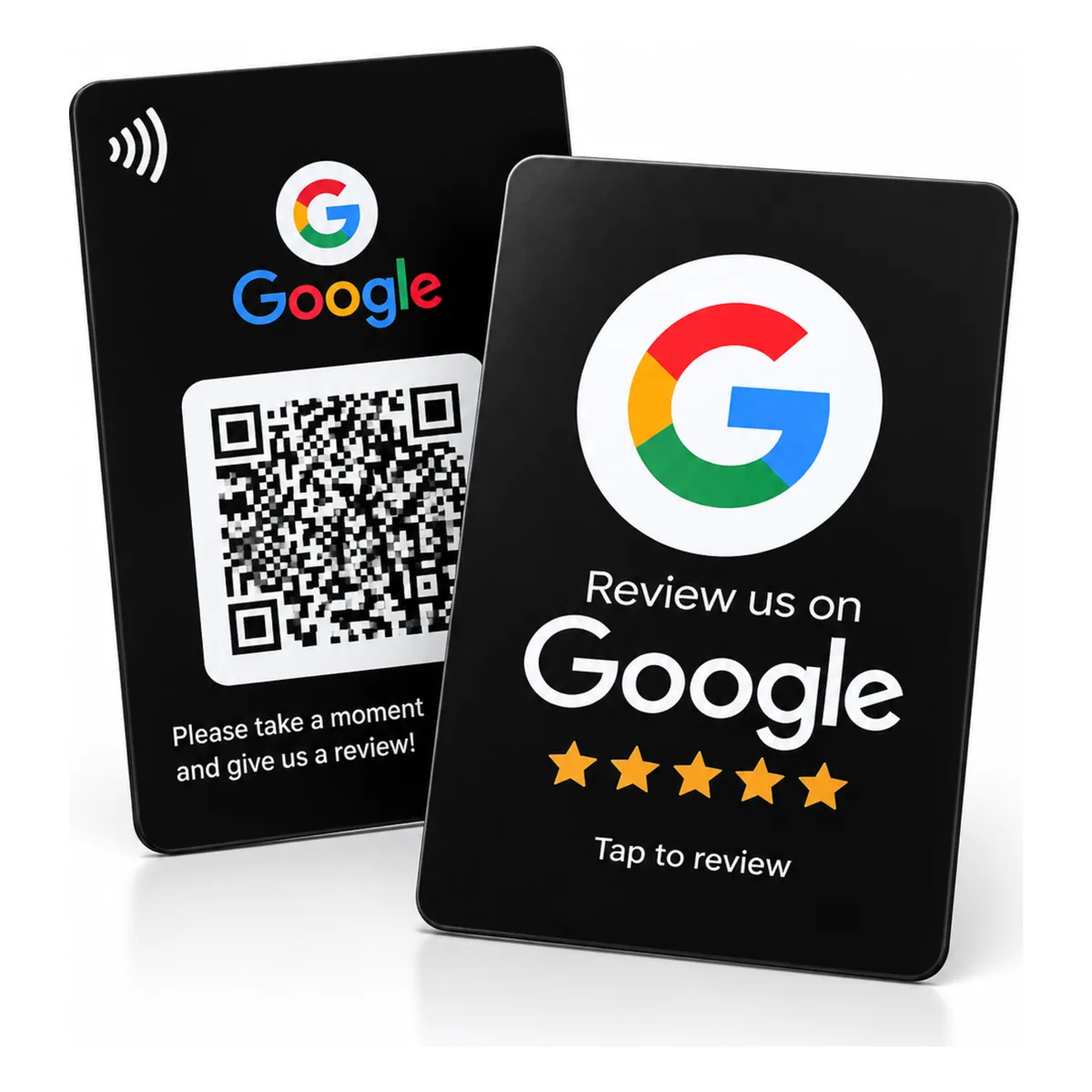Black Google review card with NFC tap symbol and QR code on the back and "Review us on Google" with five stars on the front